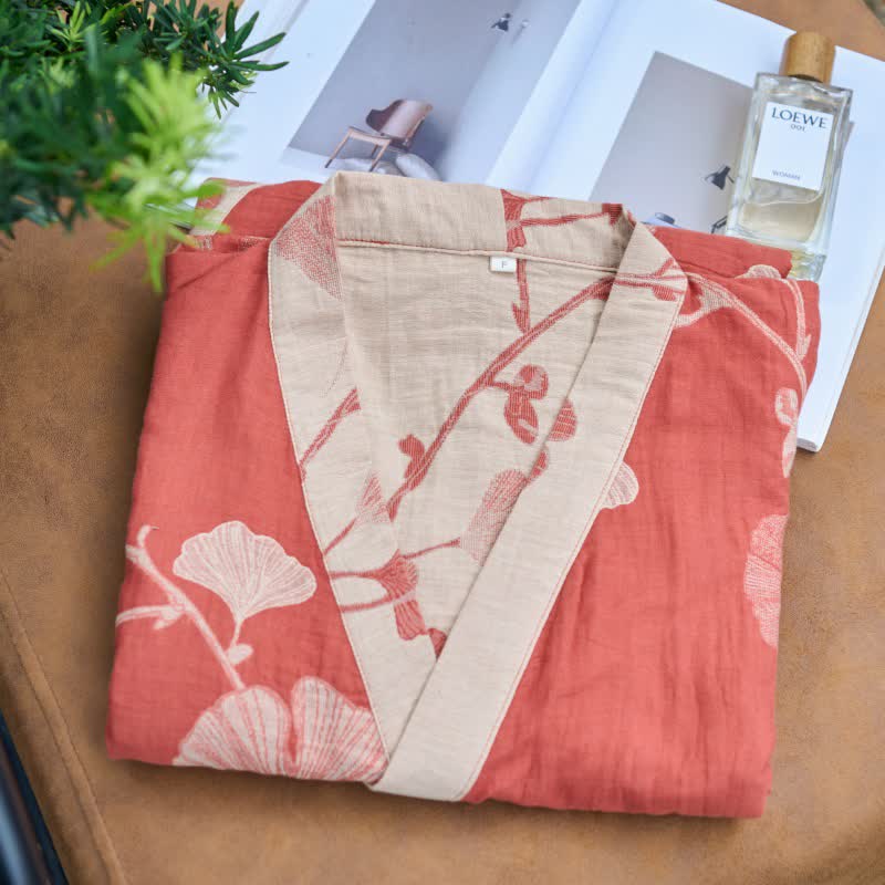 Grand peignoir kimono en coton avec feuilles de ginkgo - image 9