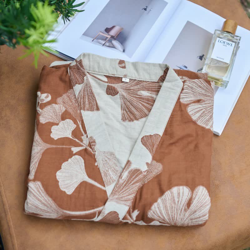 Grand peignoir kimono en coton avec feuilles de ginkgo - image 7