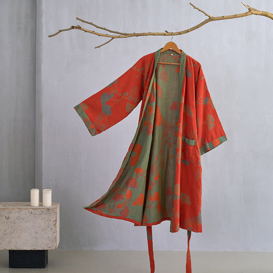 Large Ginkgo Leaf Cotton Kimono Robe - Orange & Green - XL - image 1