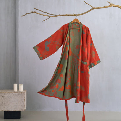 Grand peignoir kimono en coton avec feuilles de ginkgo - Orange et vert - XL - image 4