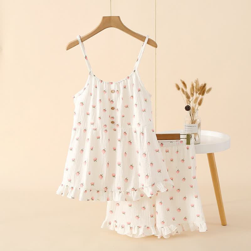 Kapok Flower Cotton Gauze Ruffle Pajamas - White - XL - image 1