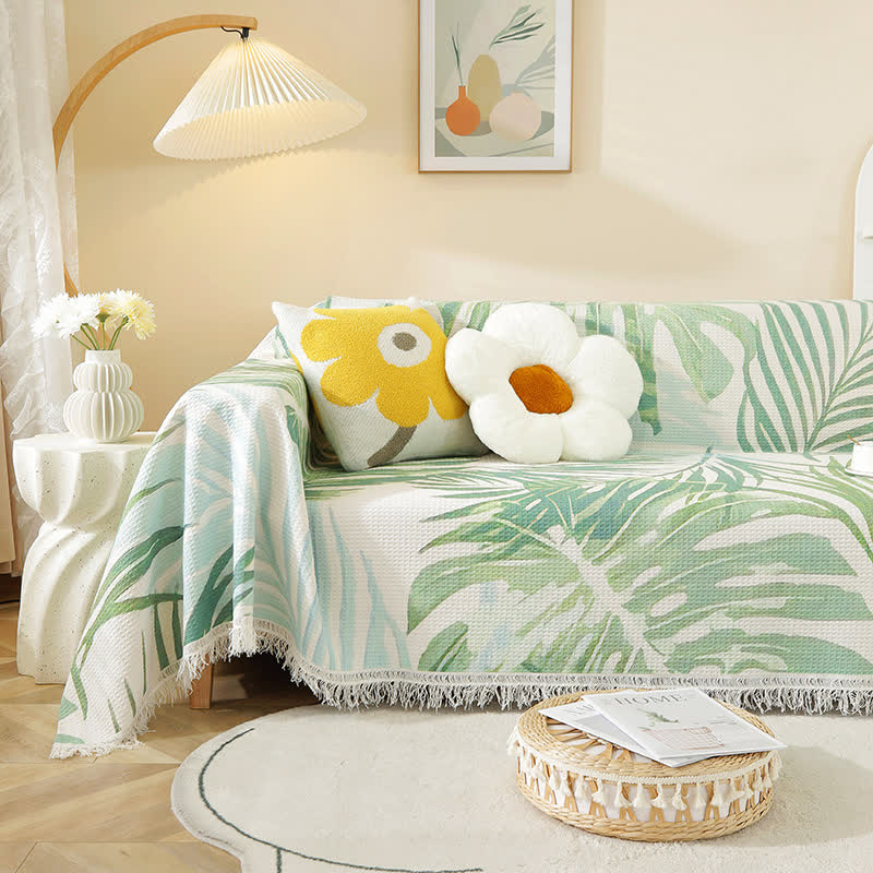 Botanical Leaf Sofa Waffle Throw Blanket - 71" x 102" - image 1