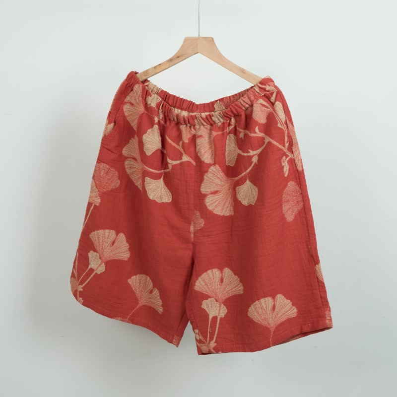 Ginkgo Leaf Jacquard Cotton Pajama Shorts - Orange - XL - image 0