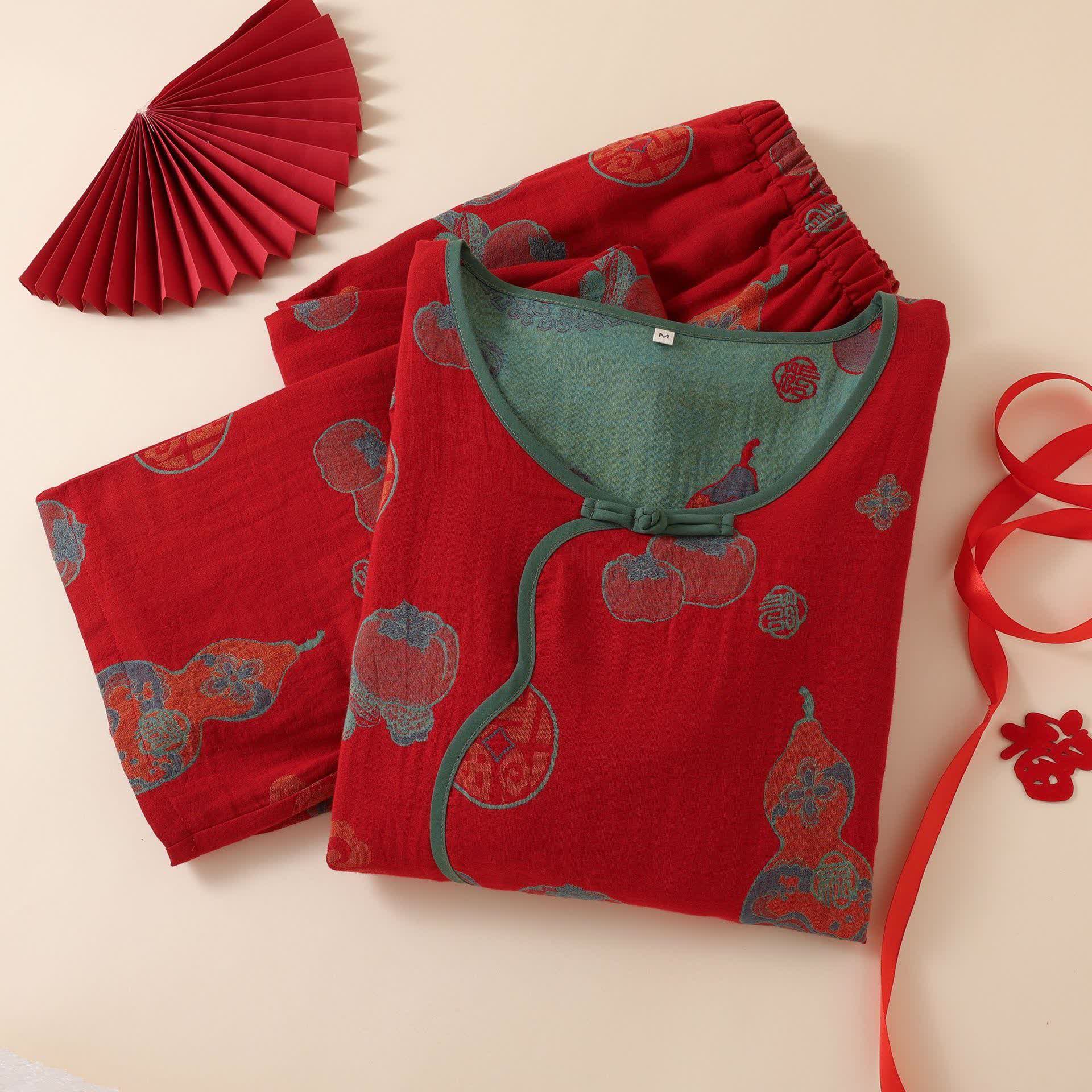 Oriental Style Gourd Persimmon Cotton Sleepwear - image 1