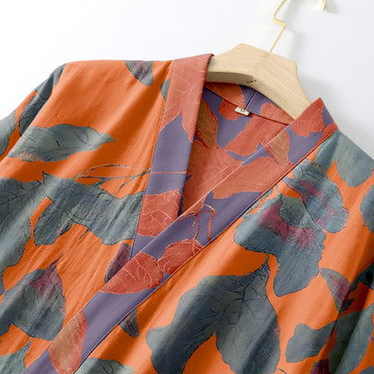 Botanical Leaf Cotton Gauze Kimono Robe - image 8