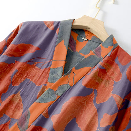 Botanical Leaf Cotton Gauze Kimono Robe - image 4