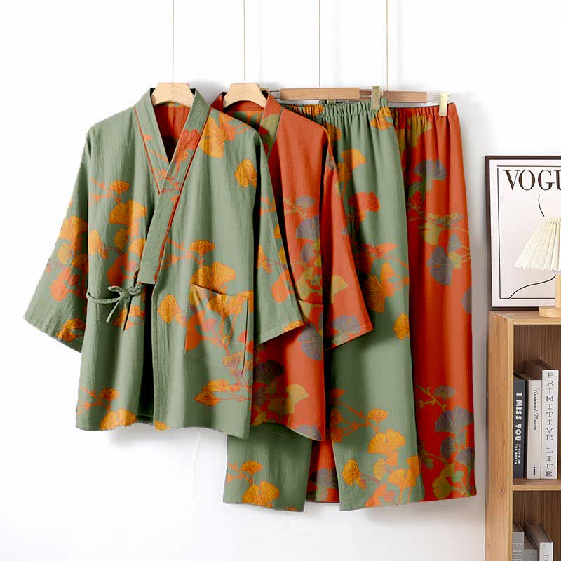 Large Ginkgo Leaf Cotton Kimono Pajamas - image 9
