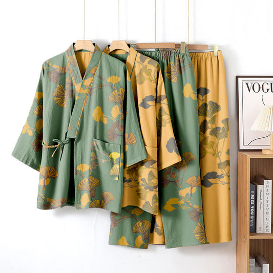 Large Ginkgo Leaf Cotton Kimono Pajamas - image 0