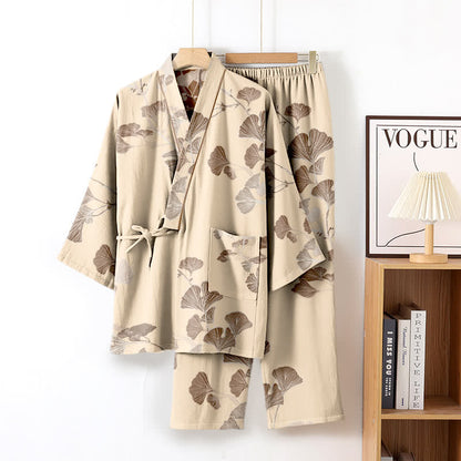 Large Ginkgo Leaf Cotton Kimono Pajamas - Beige - XL - image 13