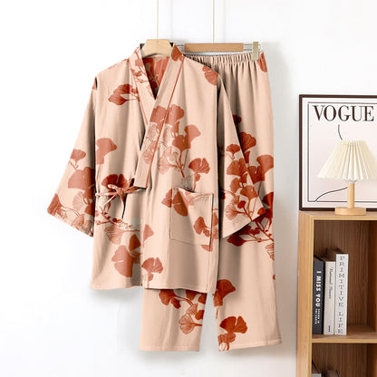 Large Ginkgo Leaf Cotton Kimono Pajamas - Beige & Pink - XL - image 12