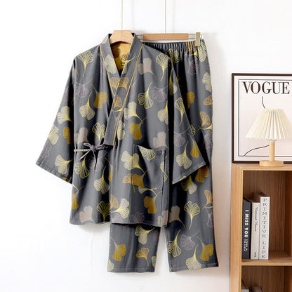 Ginkgo Cotton Gauze Kimono Loungewear Set - Dark Grey - XL - image 17