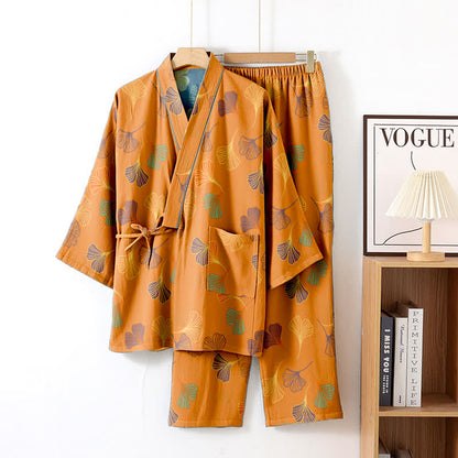 Ginkgo Cotton Gauze Kimono Loungewear Set - Orange - XL - image 9