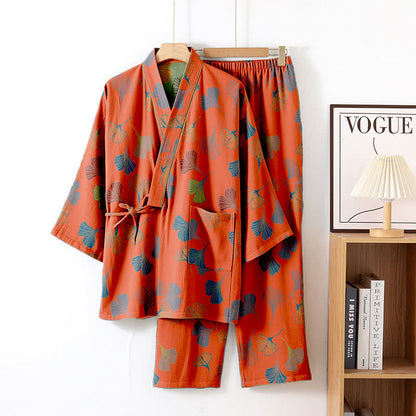 Ginkgo Cotton Gauze Kimono Loungewear Set - Orange Red - XL - image 15