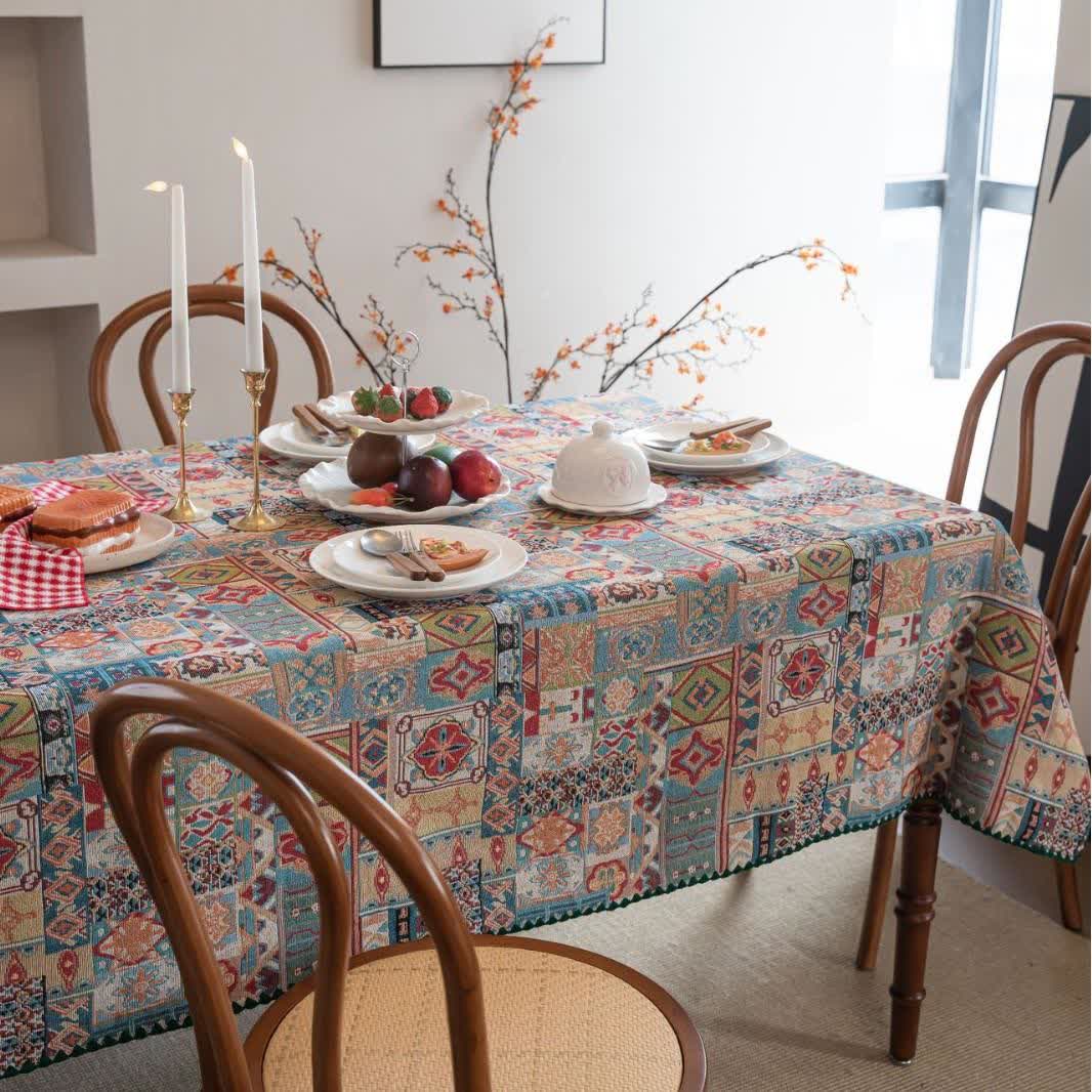 Boho Tribal Motif Jacquard Tablecloth - Round - 60" - image 1