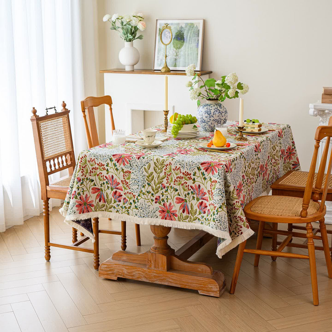 Rustic Floral Jacquard Tassel Tablecloth - 55" x 102" - image 1