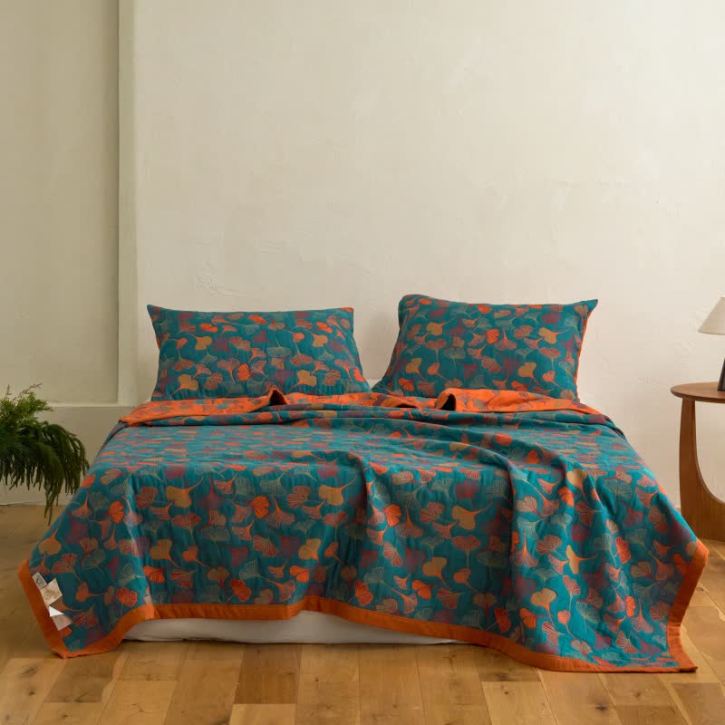 Ginkgo Biloba Organic Cotton Quilt - Blue - Quilt with 2PCS Pillowcases - Cal King - image 12