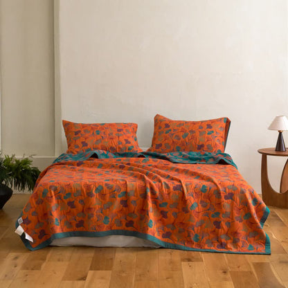 Ginkgo Biloba Organic Cotton Quilt - Orange - Quilt with 2PCS Pillowcases - Cal King - image 23