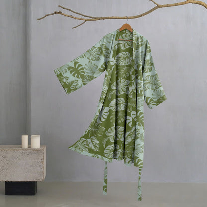 Monstera Print Cotton Gauze Kimono Robe - Light Green - XL - image 8