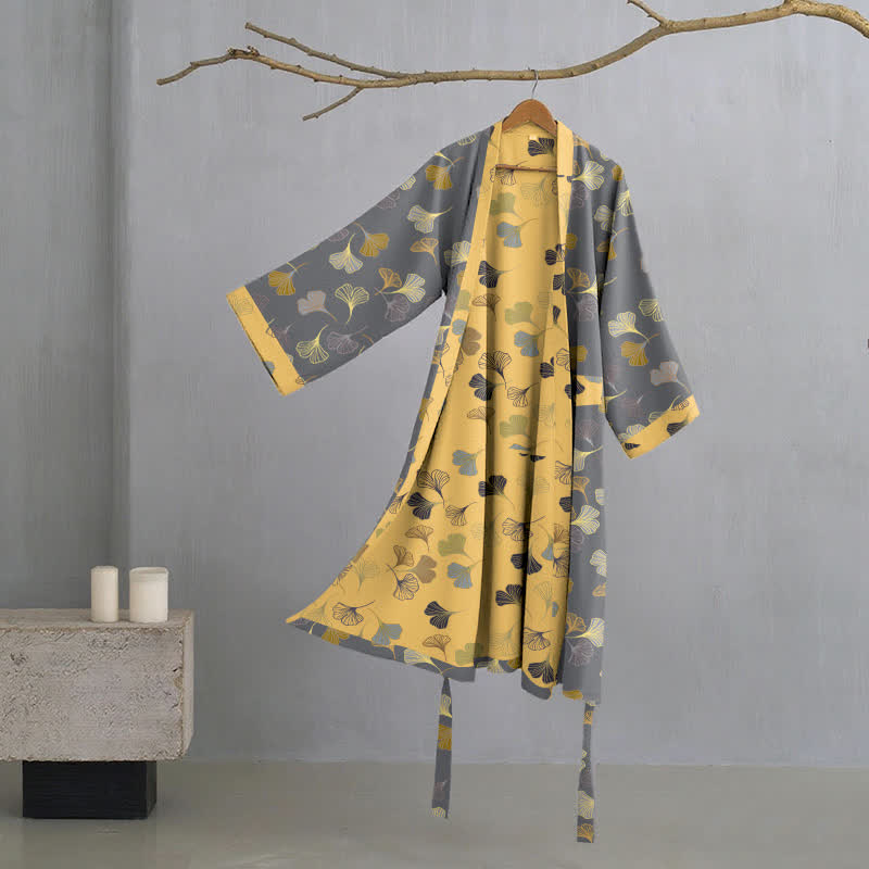 Ginkgo Biloba Cotton Gauze Kimono Robe - Dark Grey - L - image 12