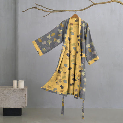 Ginkgo Biloba Cotton Gauze Kimono Robe - Dark Grey - L - image 12
