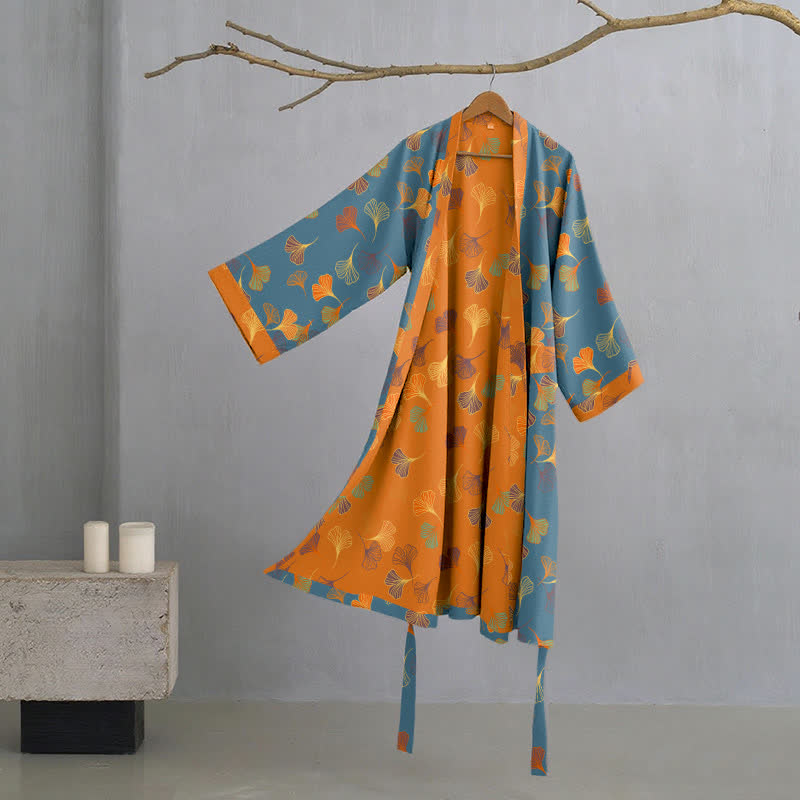Ginkgo Biloba Cotton Gauze Kimono Robe - Blue - 2XL - image 6