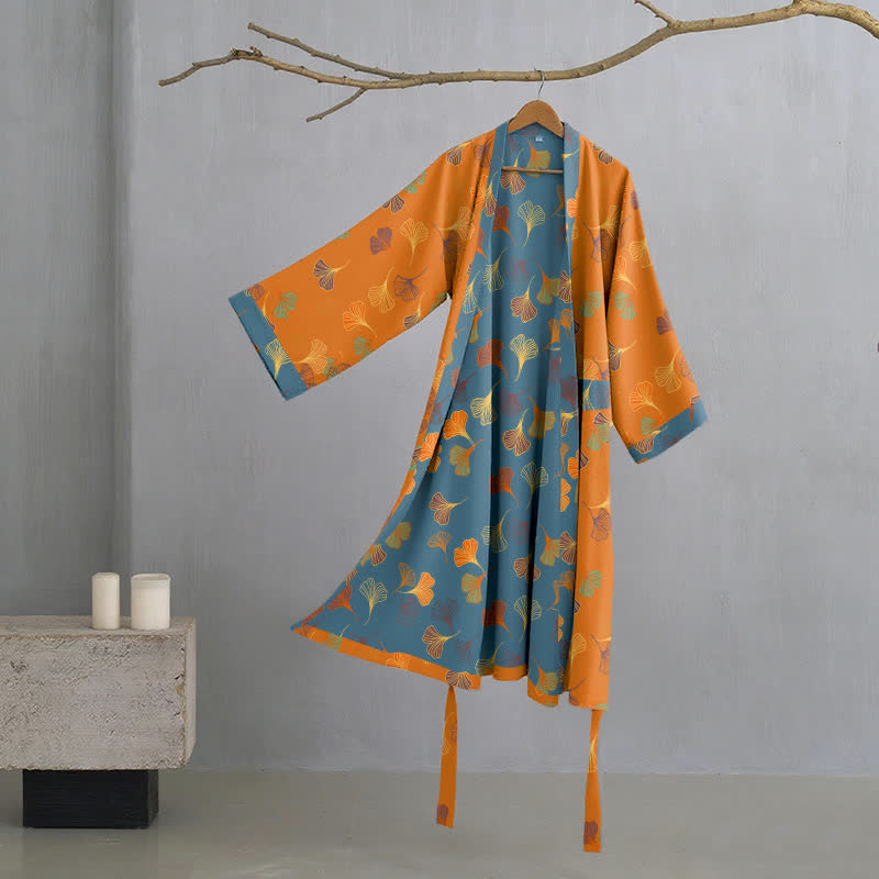 Ginkgo Biloba Cotton Gauze Kimono Robe - Orange - 2XL - image 17