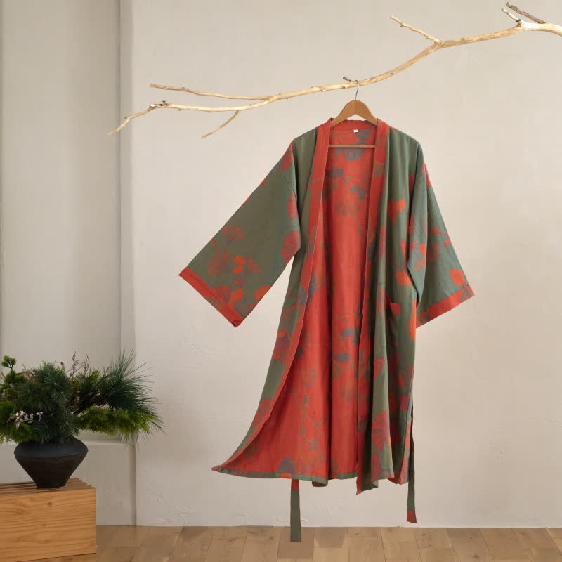 Grand peignoir kimono en coton avec feuilles de ginkgo - Vert et orange - XL - image 10