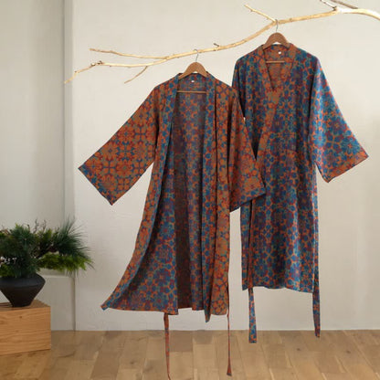 Retro Geometric Pattern Cotton Kimono Robe - image 1