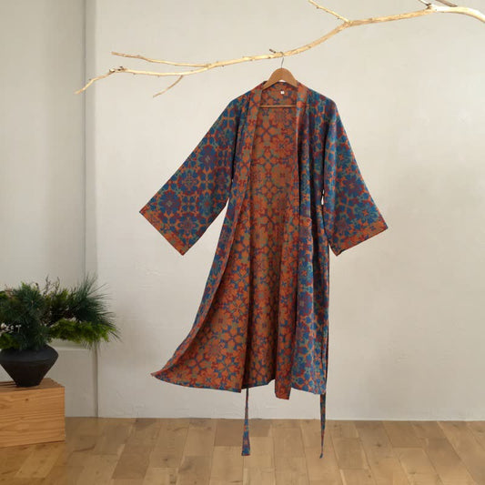 Retro Geometric Pattern Cotton Kimono Robe - Blue - XL - image 0