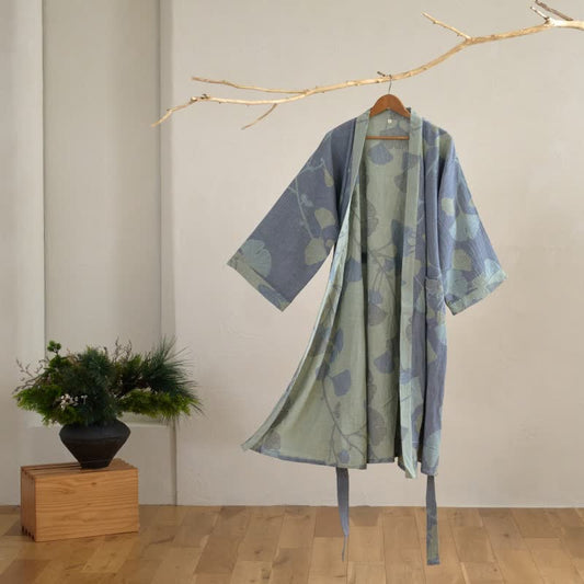 Ginkgo Leaf Organic Cotton Kimono Robe - Blue - XL - image 0