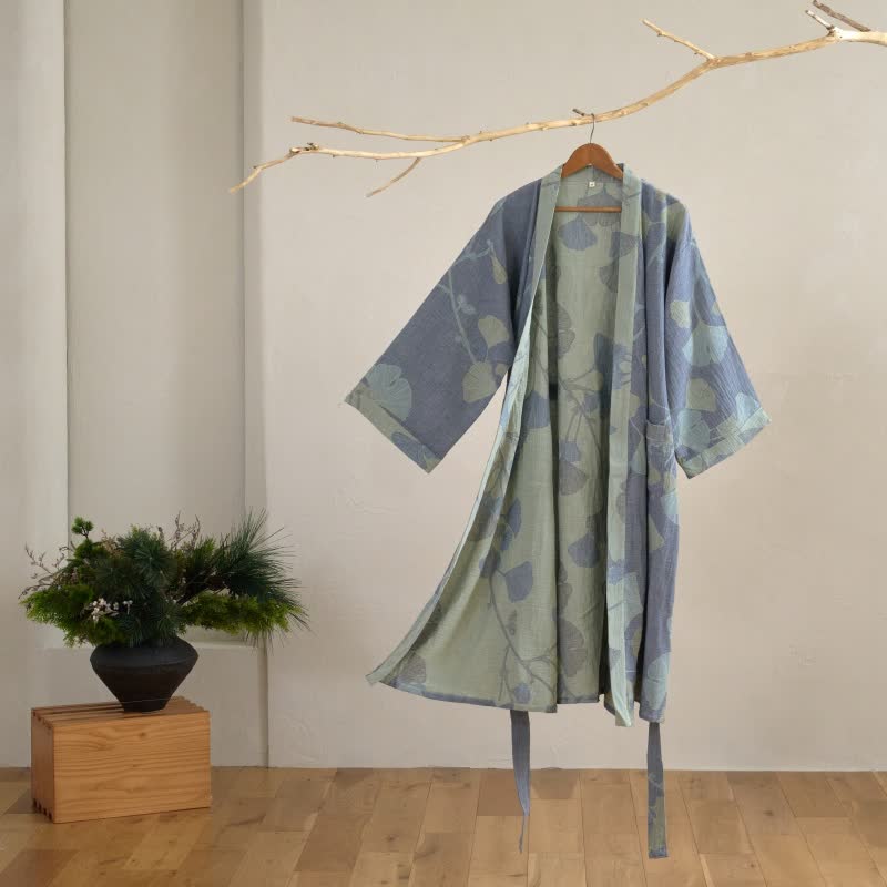 Ginkgo Leaf Organic Cotton Kimono Robe - Blue & Light Green - 2XL - image 0