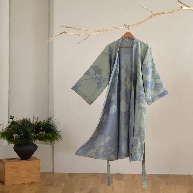 Ginkgo Leaf Organic Cotton Kimono Robe - Light Green & Blue - 2XL - image 13