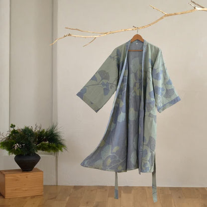 Ginkgo Leaf Organic Cotton Kimono Robe - Light Green & Blue - 2XL - image 10