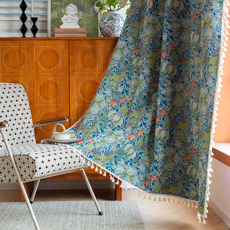 Vintage Lily Print Tassel Curtain - Rod Pocket - 59" x 102" - image 1