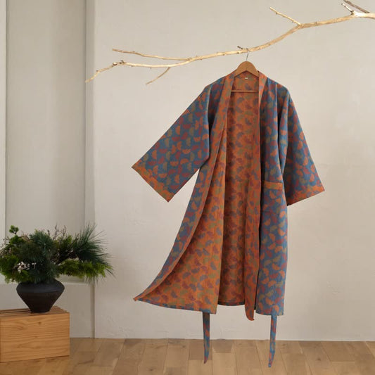 Ginkgo Biloba Cotton Gauze Japanese Robe - Blue - L - image 0