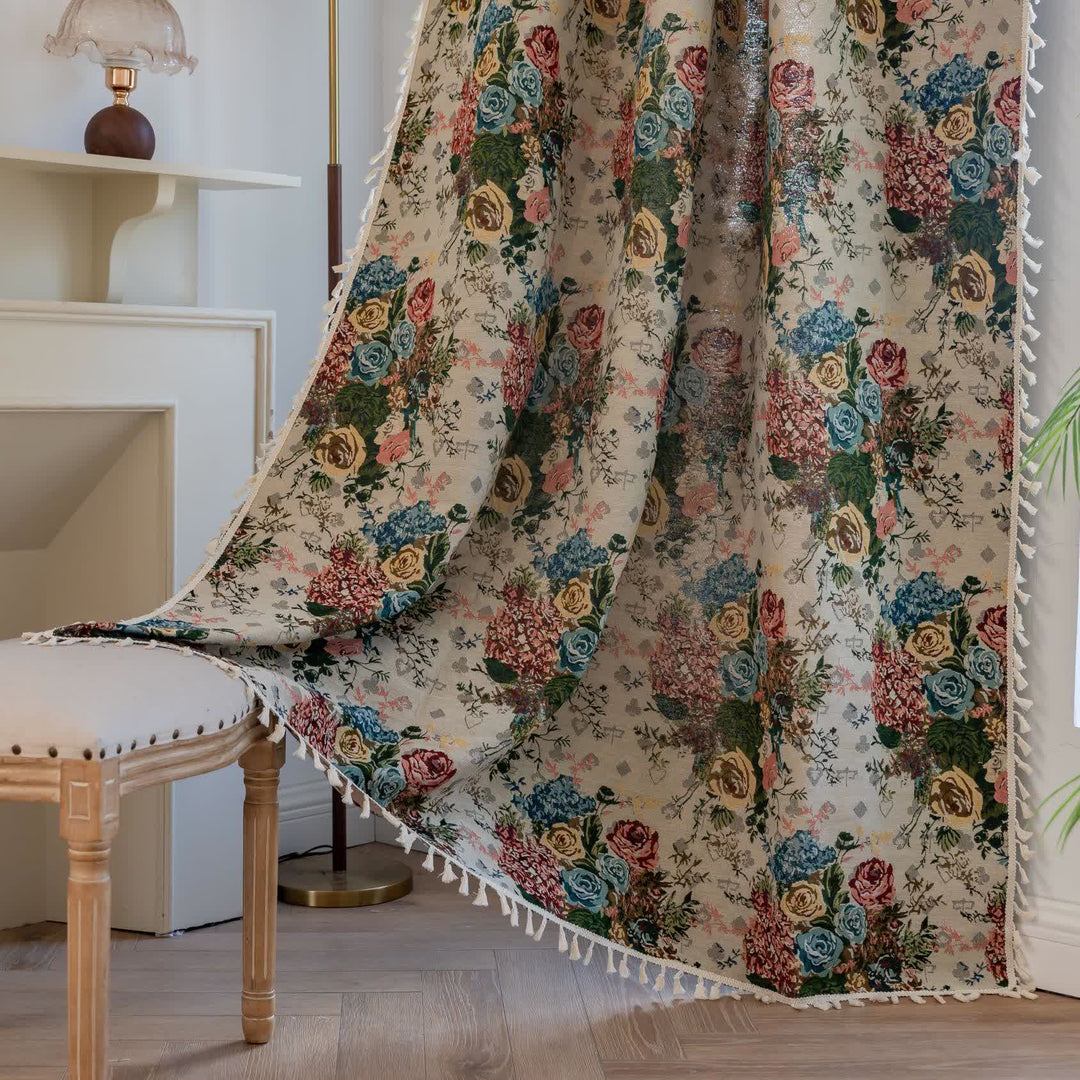 Retro Colorful Rose Tassel Curtain - Rod Pocket - 59" x 102" - image 1