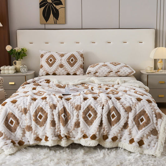 Bohemian Style Jacquard Sherpa Throw Blanket - Coffee - Queen - image 1