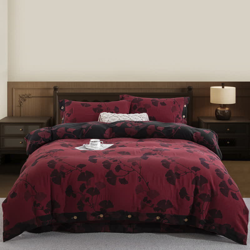 Ownkoti Button Ginkgo Leaf Cotton Gauze Doona Covers Bedding Set (4PCS) - Black & Red - Queen - image 26