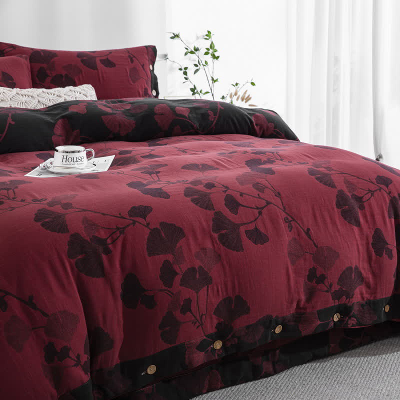 Ownkoti Button Ginkgo Leaf Cotton Gauze Doona Covers Bedding Set (4PCS) - image 27