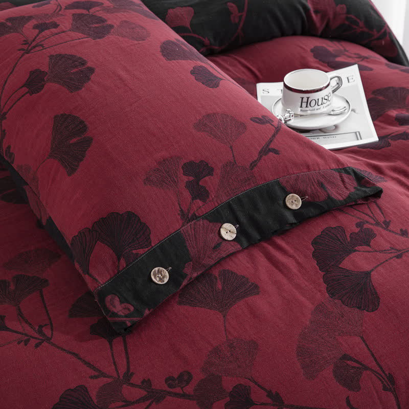 Ownkoti Button Ginkgo Leaf Cotton Gauze Doona Covers Bedding Set (4PCS) - image 29