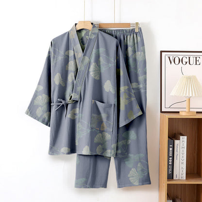 Ginkgo Leaf Organic Cotton Kimono Loungewear - Light Blue - XL - image 5