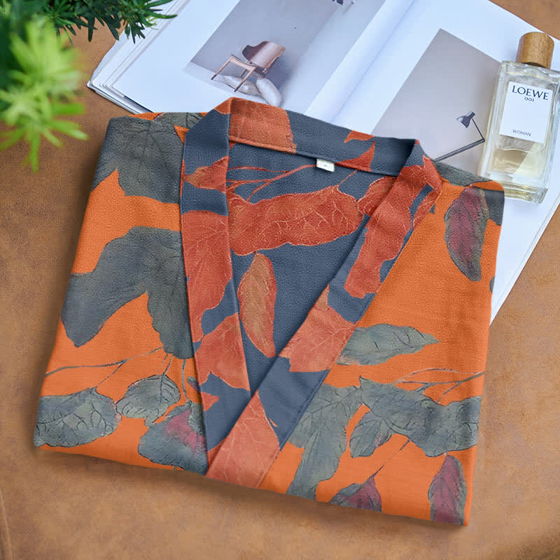 Botanical Leaf Cotton Gauze Kimono Robe - image 9