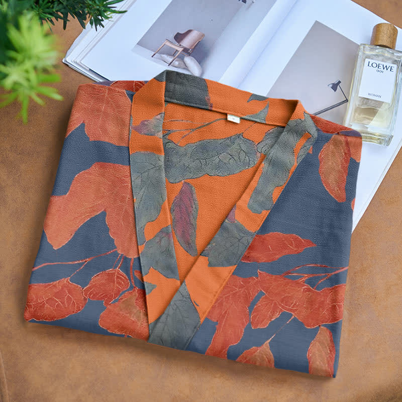 Botanical Leaf Cotton Gauze Kimono Robe - image 3