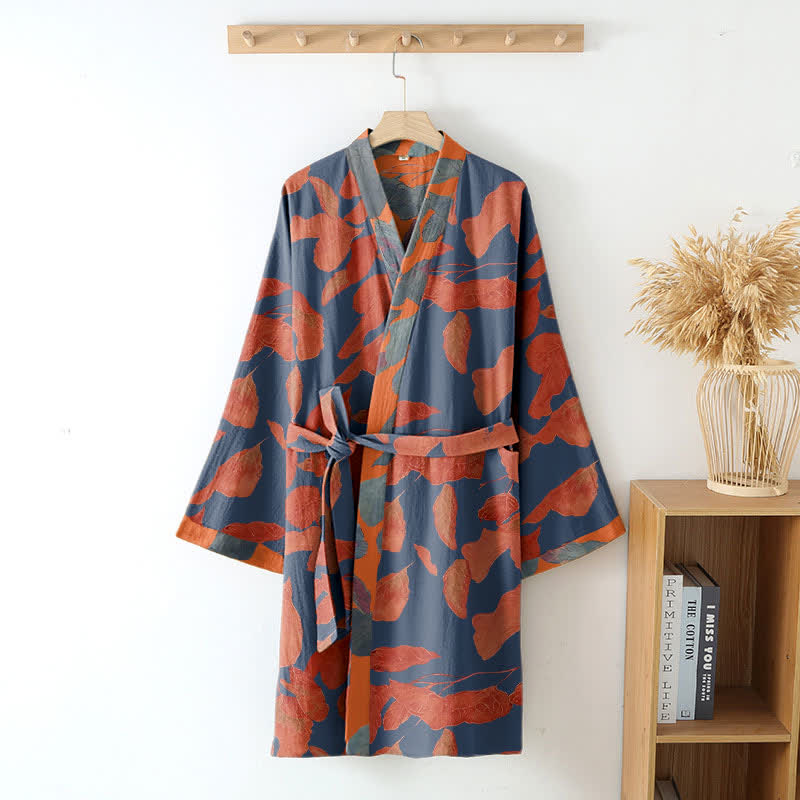 Botanical Leaf Cotton Gauze Kimono Robe - image 2