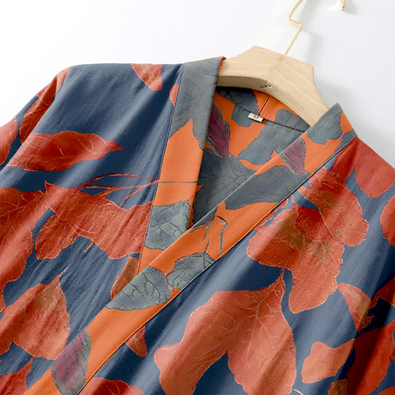 Botanical Leaf Cotton Gauze Kimono Robe - image 4