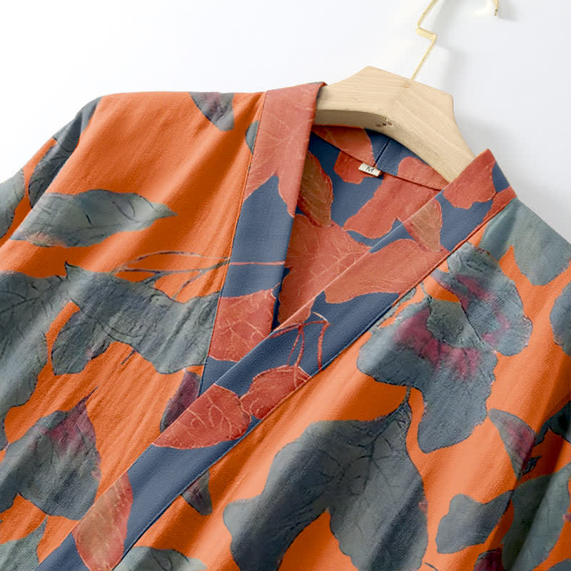 Botanical Leaf Cotton Gauze Kimono Robe - image 10