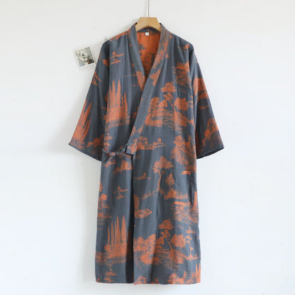Unisex Landscape Cotton Gauze Bathrobe - Gray Blue - XL - image 11