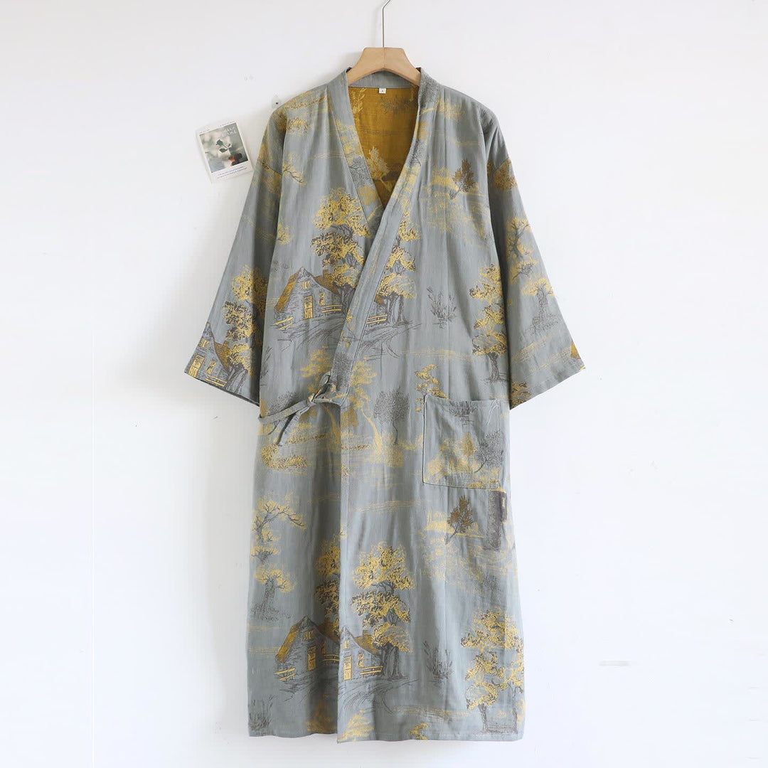 Unisex Landscape Cotton Gauze Bathrobe - Light Gray - XL - image 1