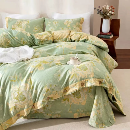 Reversible Floral Cotton Gauze Button Bedding Set (4PCS) - image 1