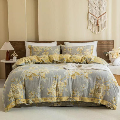 Reversible Floral Cotton Gauze Button Bedding Set (4PCS) - Grey&Yellow - King - image 13